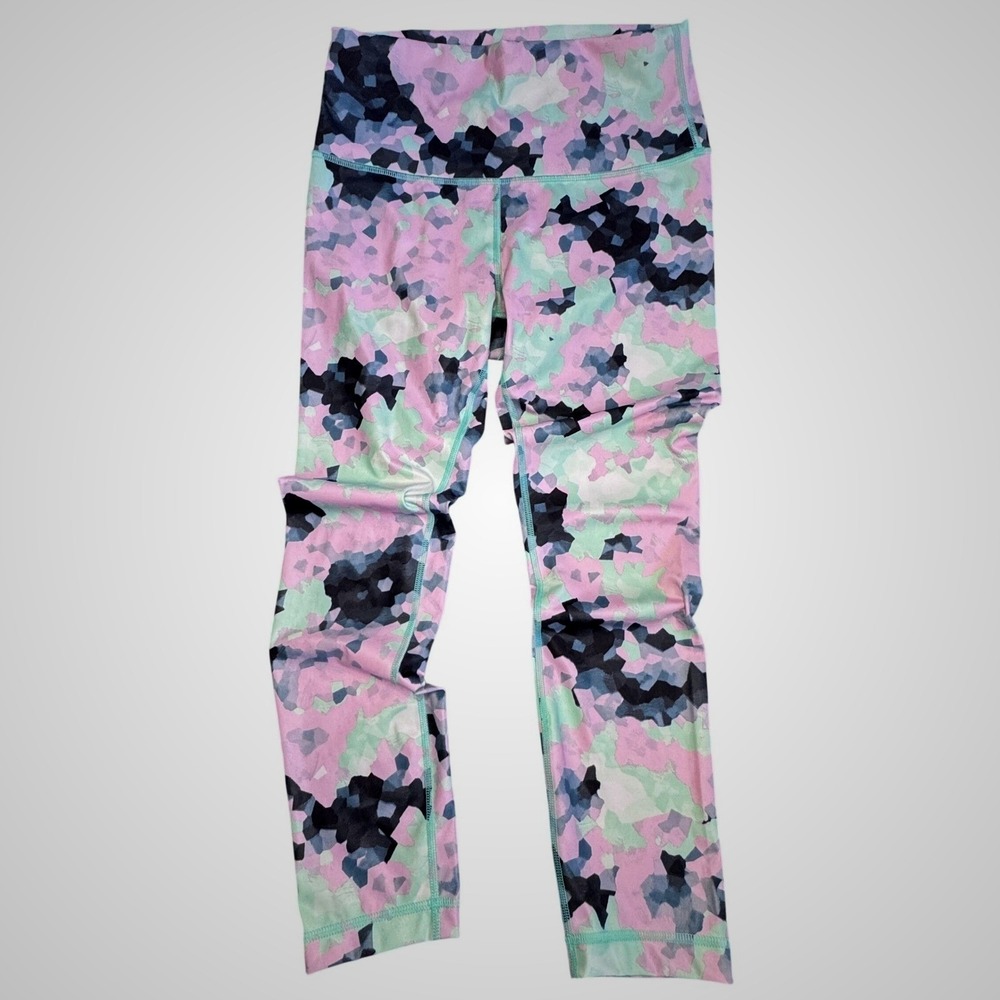 Lululemon High Rise Leggings Pink Mint Blue Abstract Camo Print Crop 21 Inseam